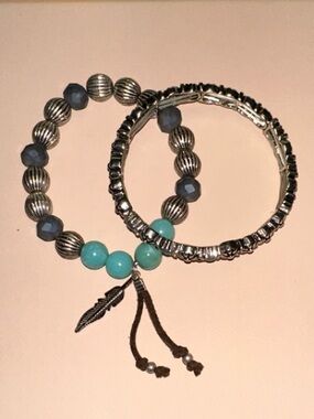 Silver Floral Bangle and Turquoise Bead Bracelet Set with Feather Charm